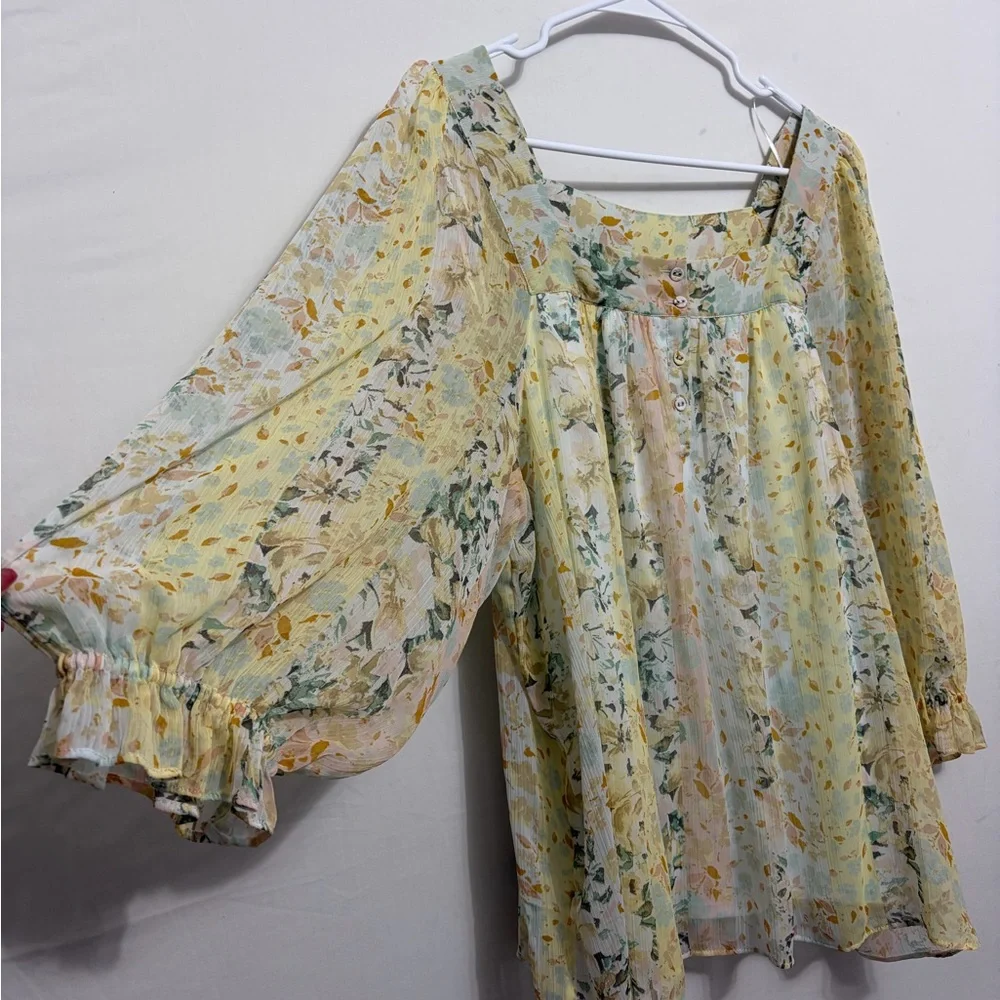LC Lauren Conrad Floral Boho Blouse size XXL Sheer Long Sleeve Peasant Top(A465) - Picture 6 of 16